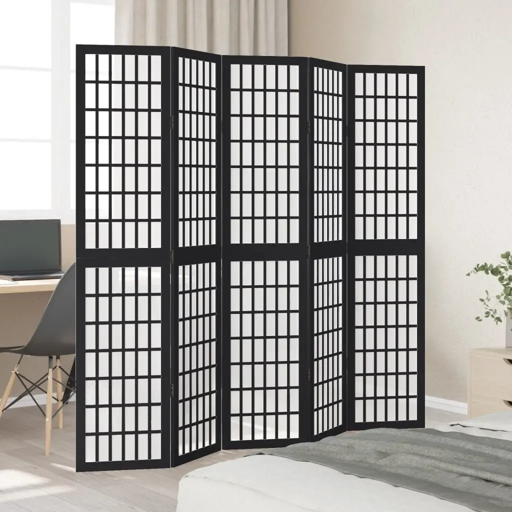 Room Divider Paulownia Wood 5 Panel Black Folding Screen Privacy Partition