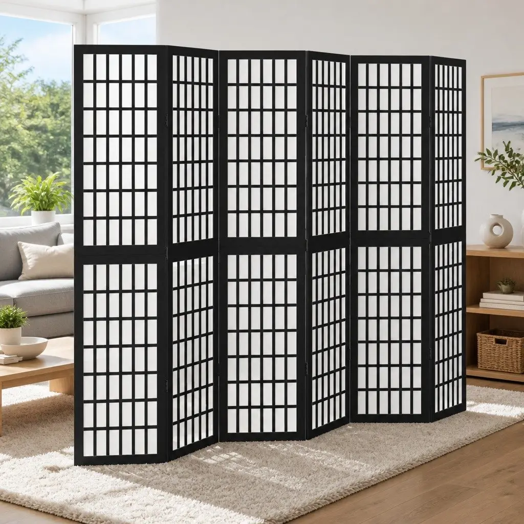 Black 6-Panel Room Divider with Durable Wood Frame