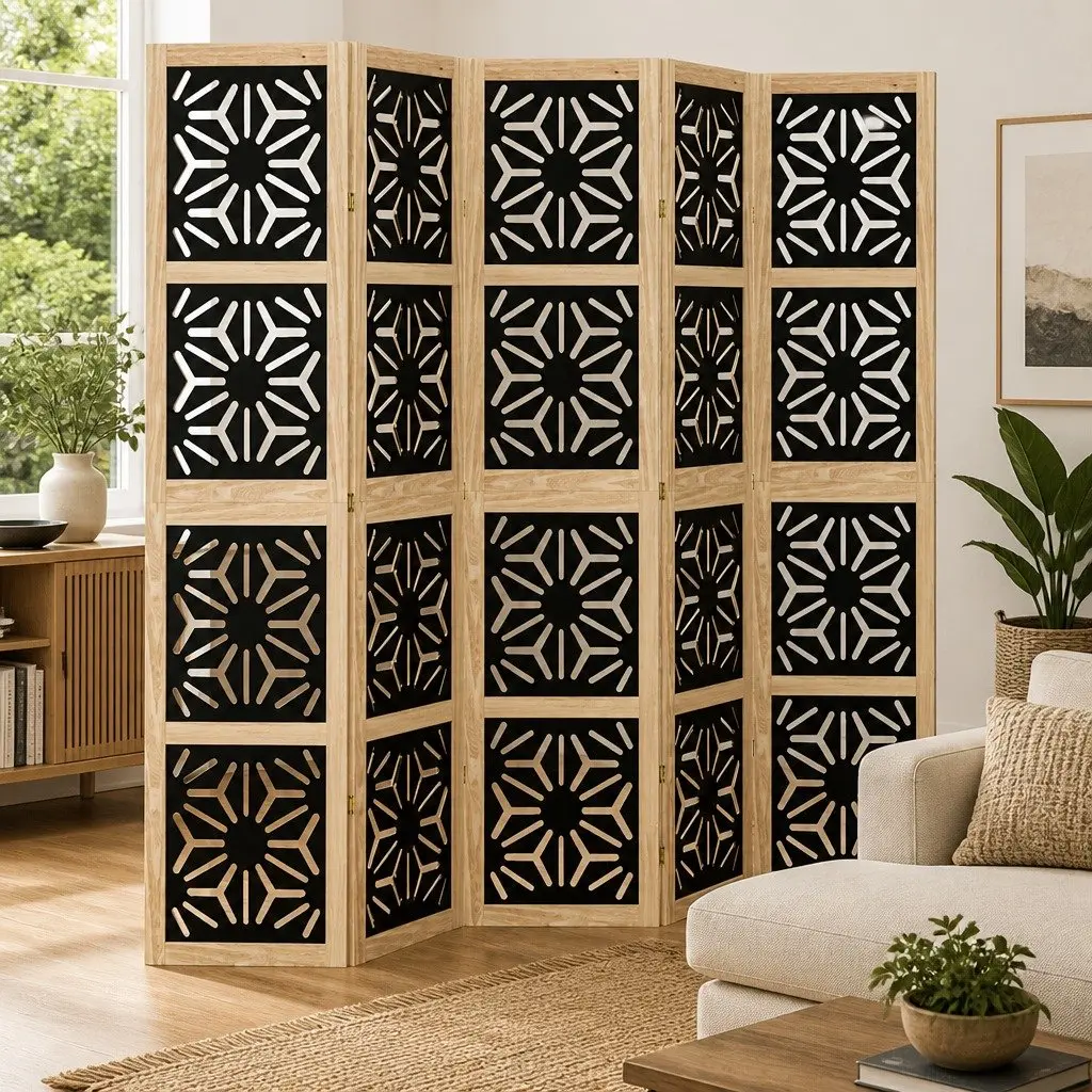 Room Divider 5 Panels Folding Privacy Screen Wooden Partition Indoor Decor