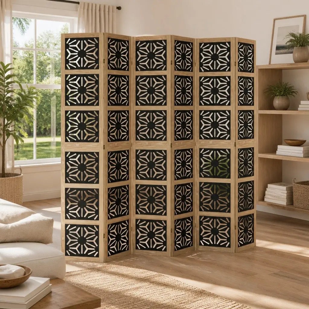 6 Panel Folding Room Divider with Geometric Cut-Outs