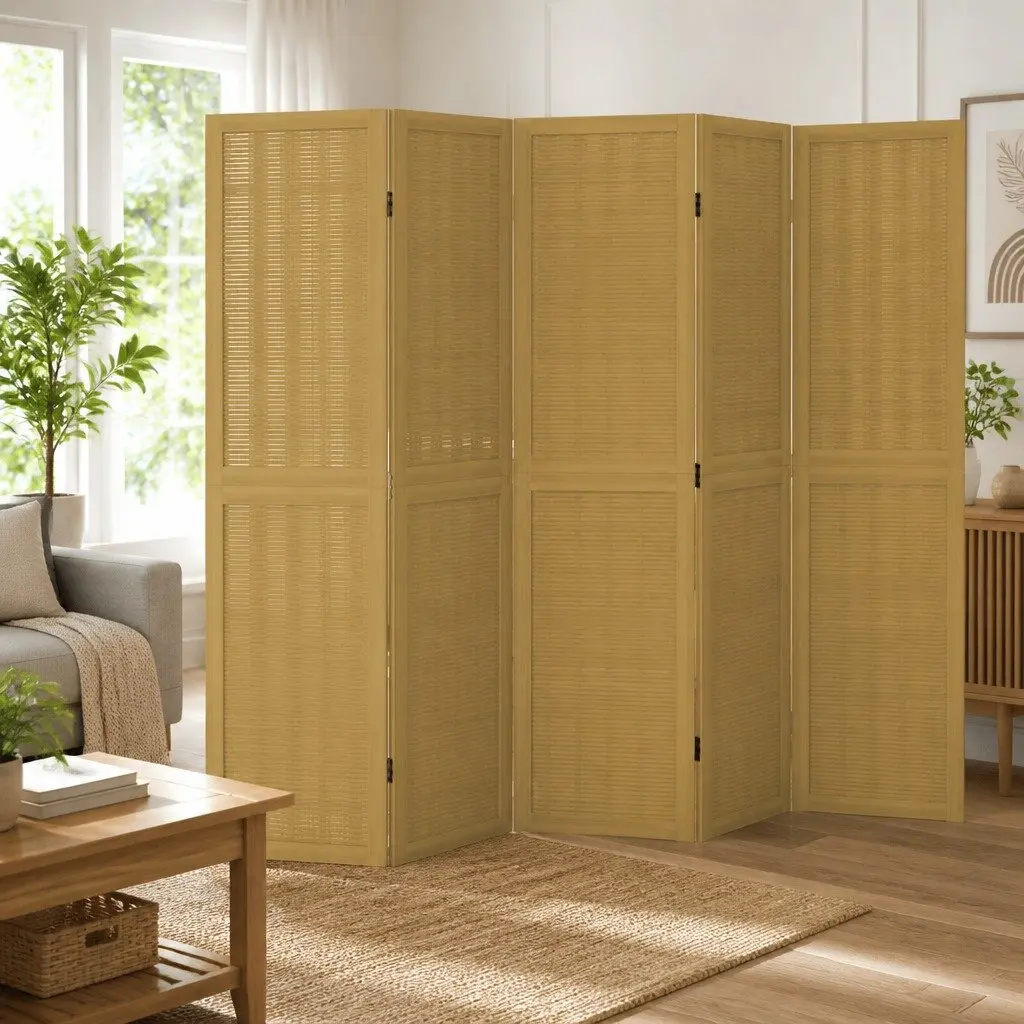 Brown 5-Panel Folding Privacy Screen with Paulownia Wood
