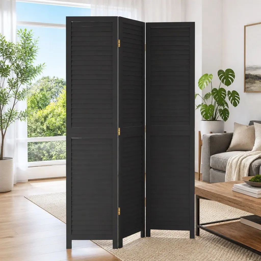 3-Panel Black Solid Wood Folding Screen