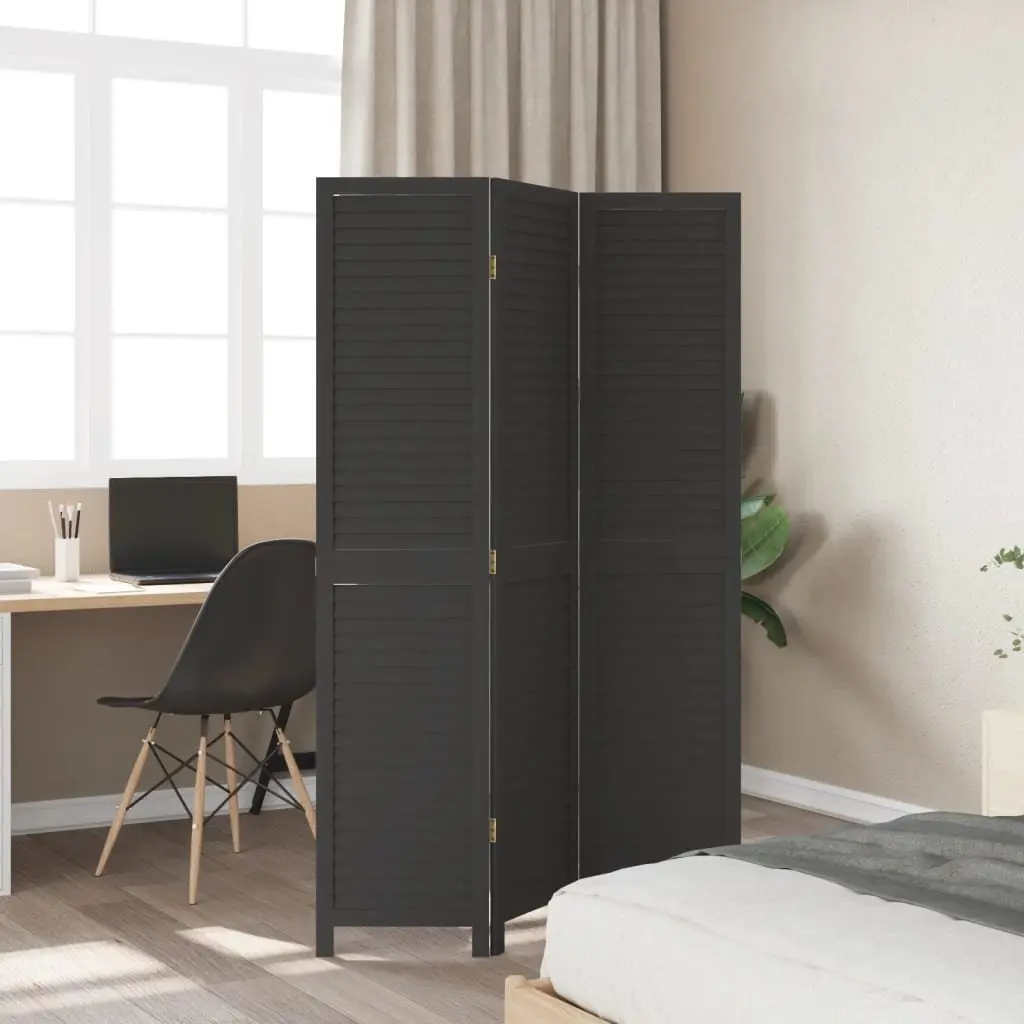 3-Panel Black Solid Wood Folding Screen