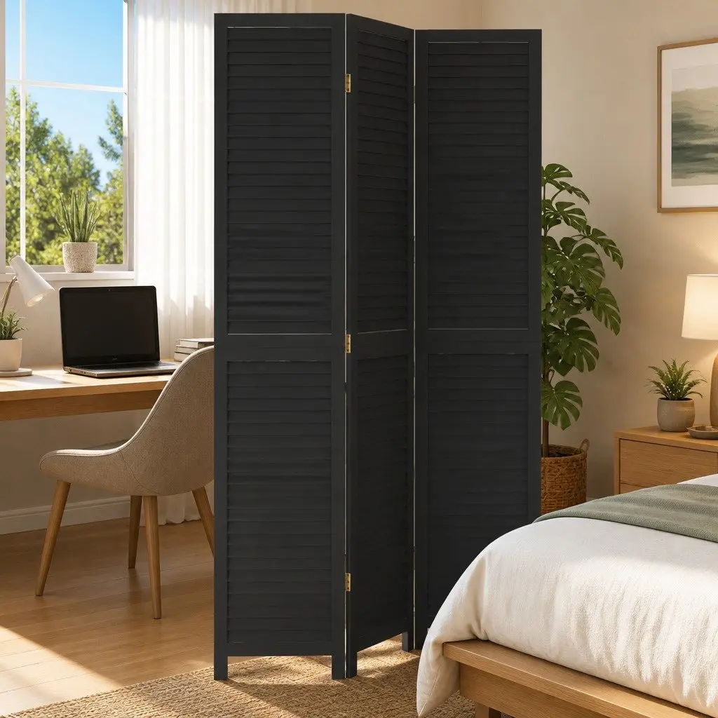 Room Divider Solid Paulownia Wood 3 Panels Black Folding Privacy Screen
