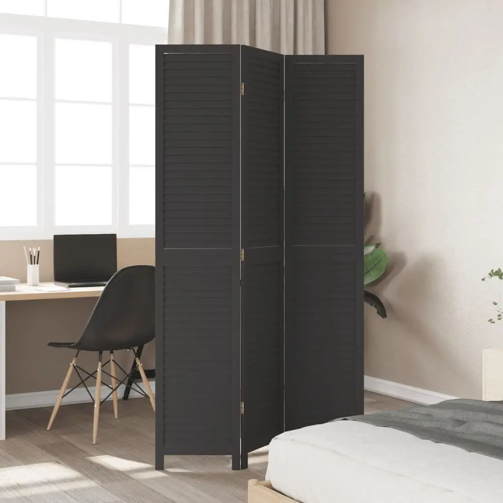 Room Divider Solid Paulownia Wood 3 Panels Black Folding Privacy Screen
