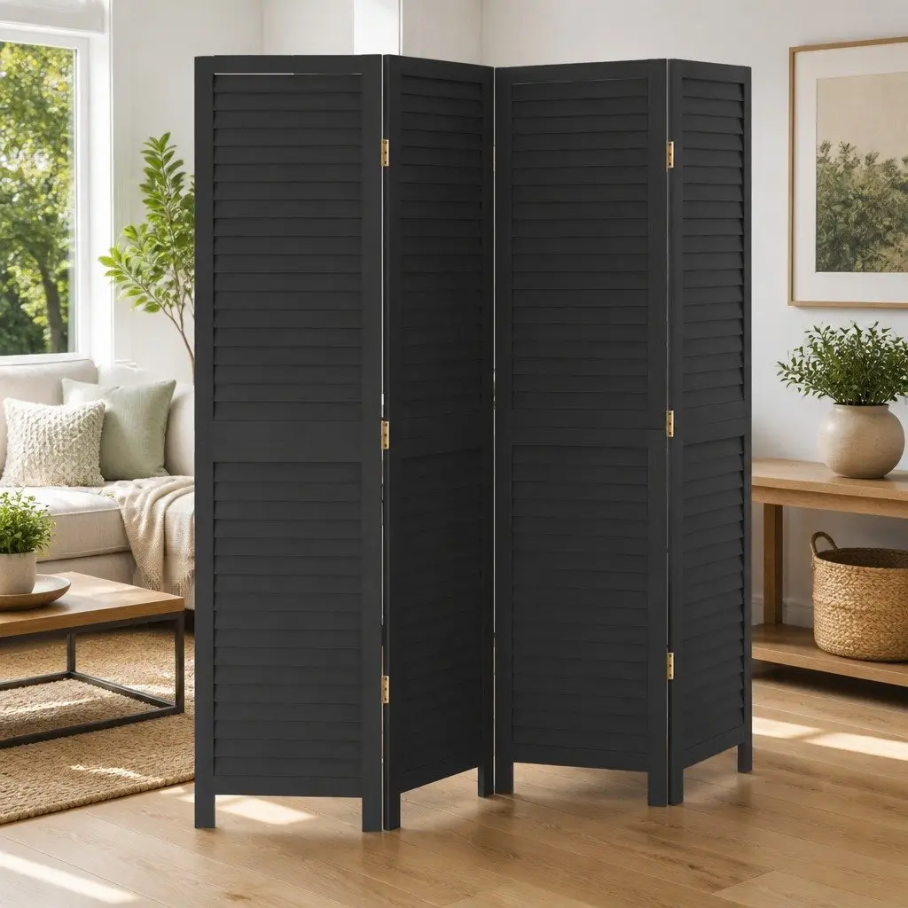 4-Panel Black Paulownia Wood Room Divider