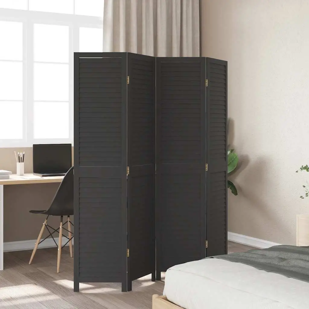 Room Divider Solid Paulownia Wood 4 Panels Black Folding Privacy Screen