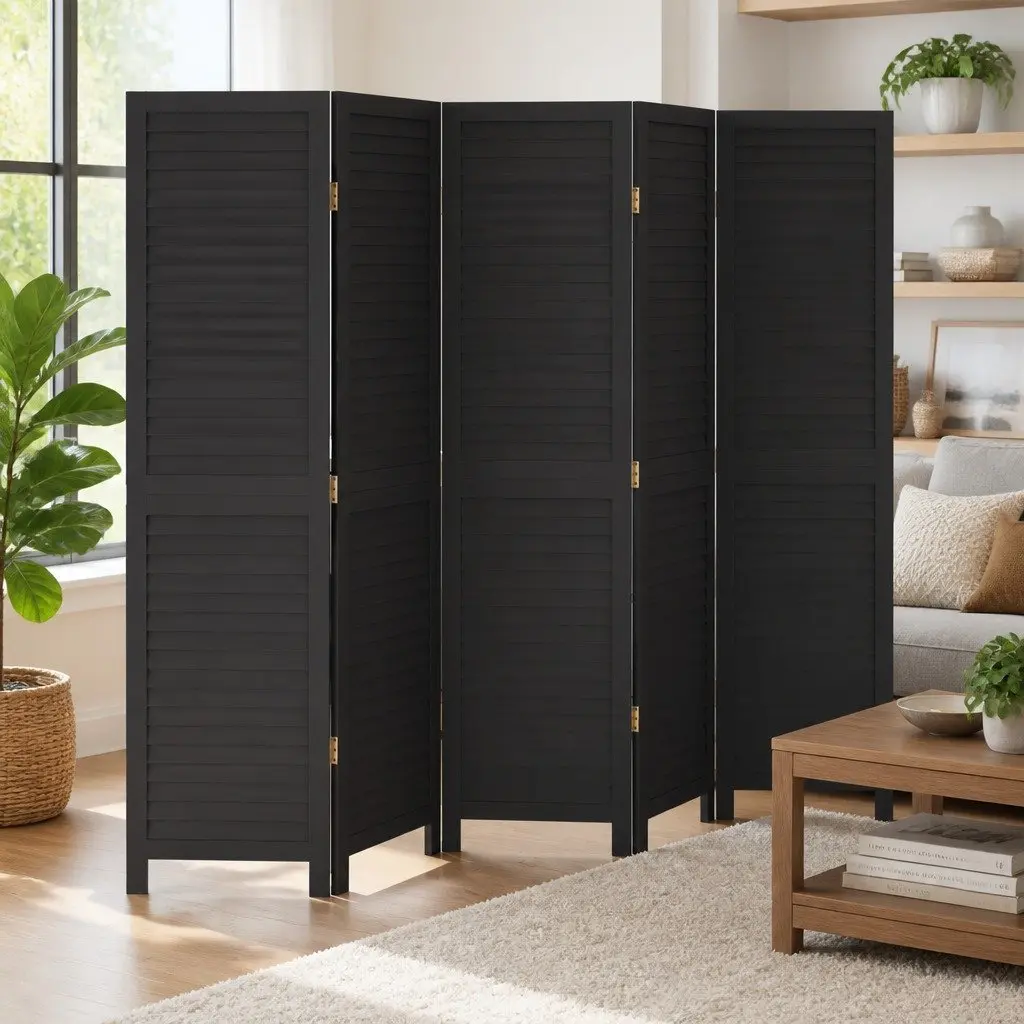Black Folding Privacy Screen with 5 Panels in Solid Wood