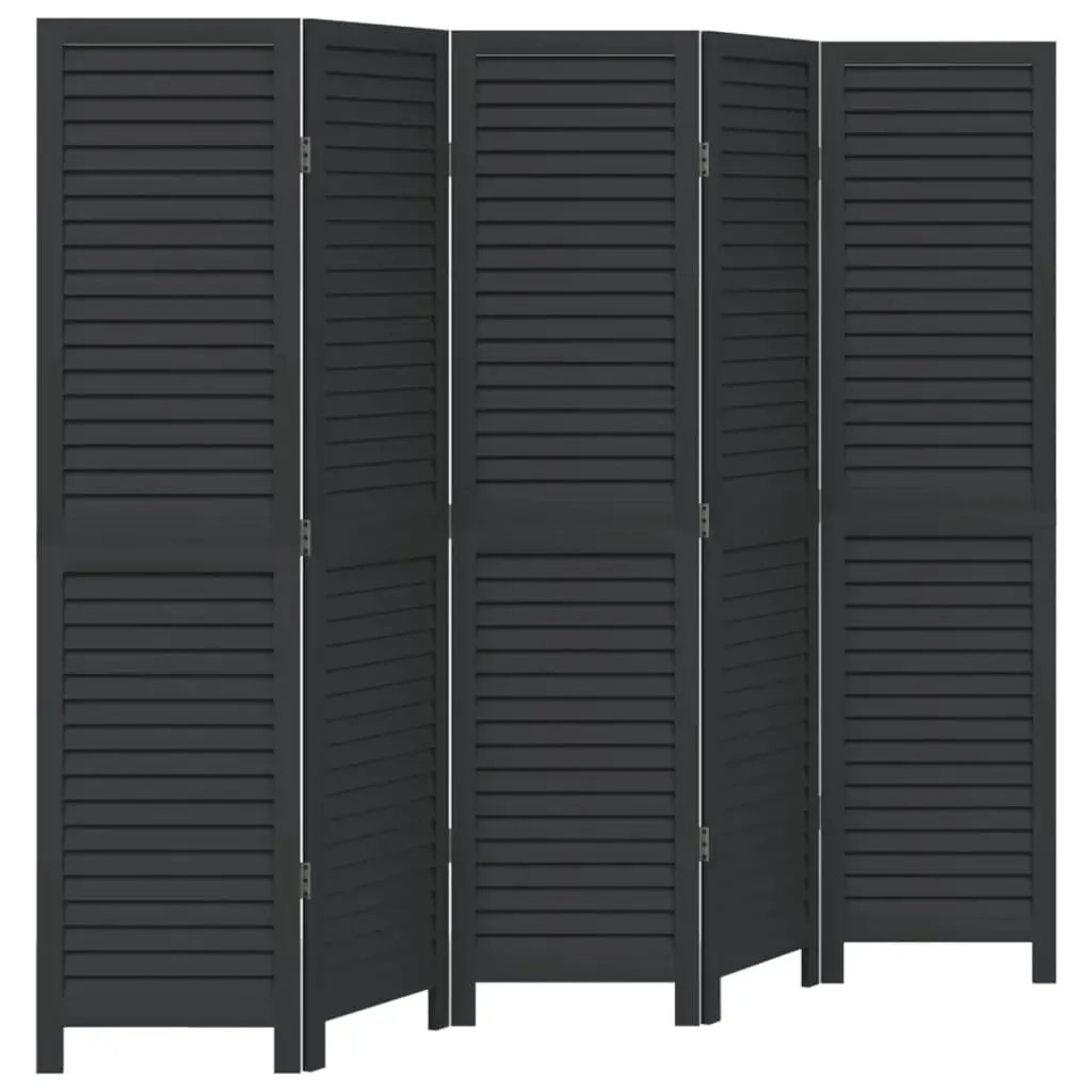 Black Folding Privacy Screen with 5 Panels in Solid Wood