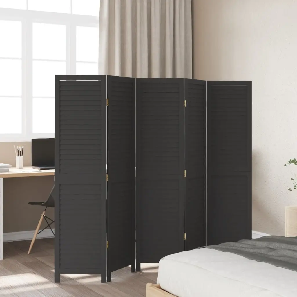 Black Folding Privacy Screen with 5 Panels in Solid Wood
