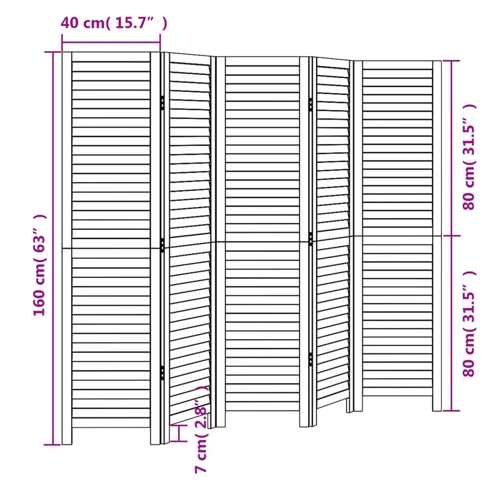Black Folding Privacy Screen with 5 Panels in Solid Wood