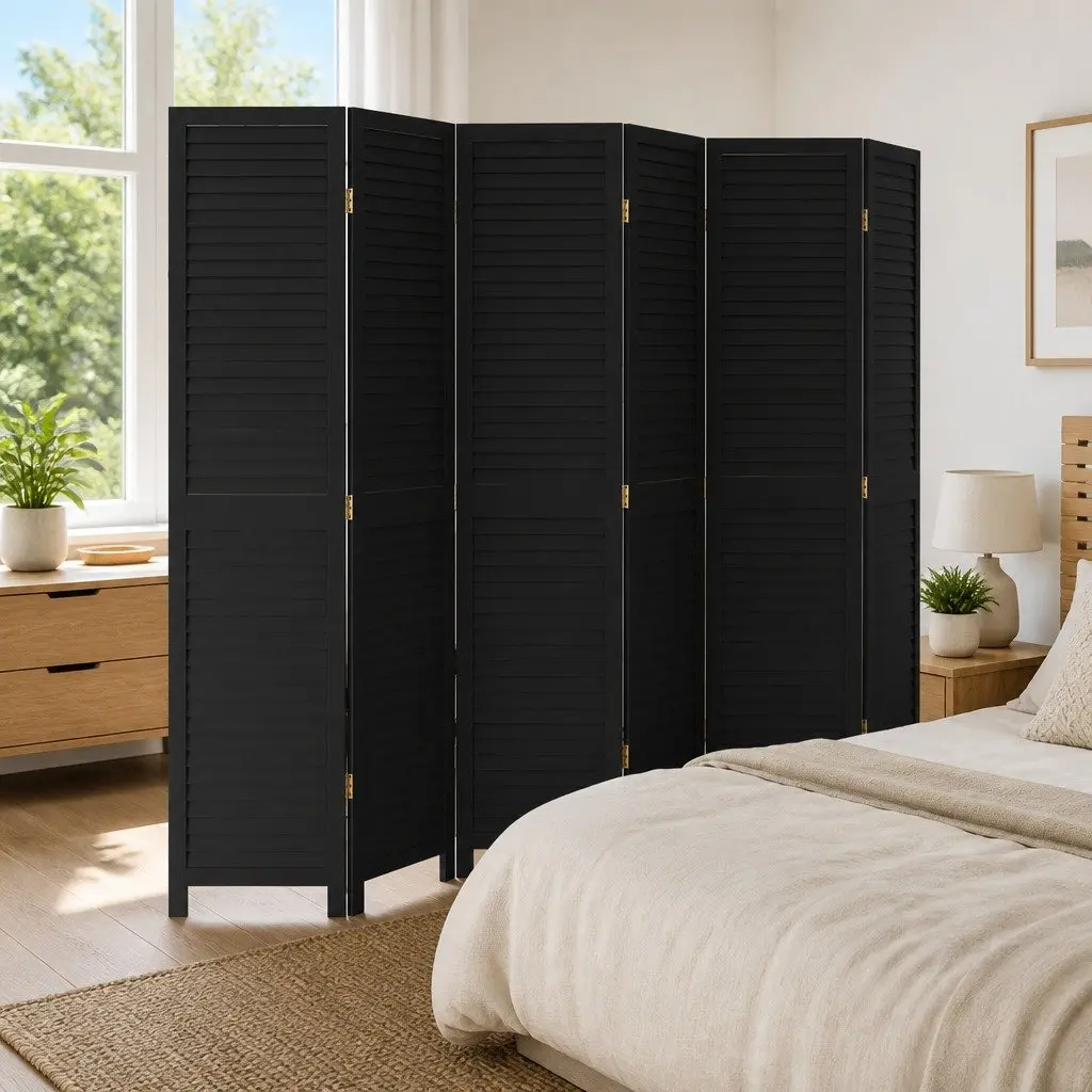 Room Divider Solid Paulownia Wood 6 Panels Black Folding Privacy Screen