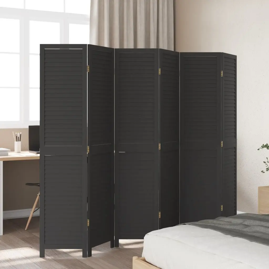 Room Divider Solid Paulownia Wood 6 Panels Black Folding Privacy Screen