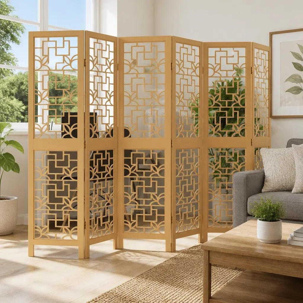 Brown Solid Paulownia Wood 6-Panel Room Divider