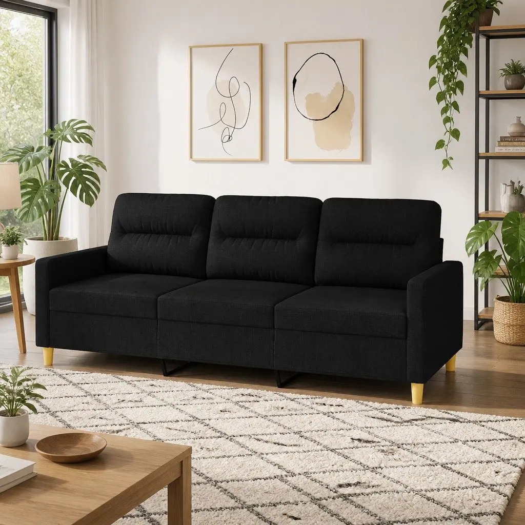 3-Seater Sofa Fabric Black 180cm Modern Living Room Couch