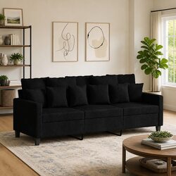 Sturdy 3-Seater Black Sofa 180cm Fabric Lounge Couch