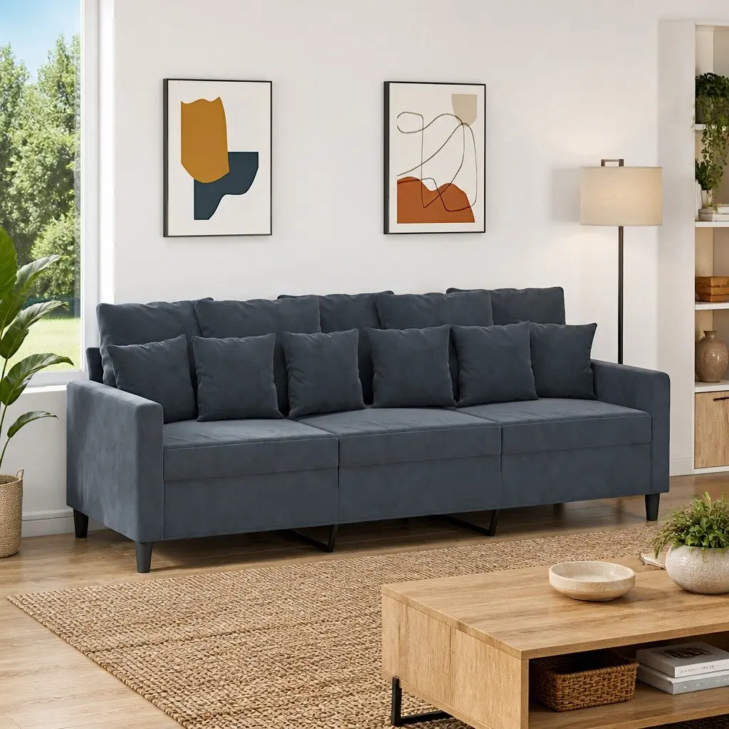 Grey Velvet 3-Seater Sofa with Metal Frame