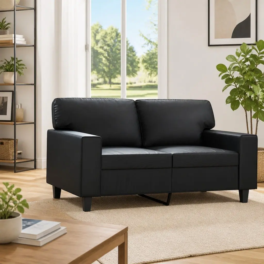 2-Seater Sofa Black 120cm Modern Living Room Couch Faux Leather Lounge Furniture