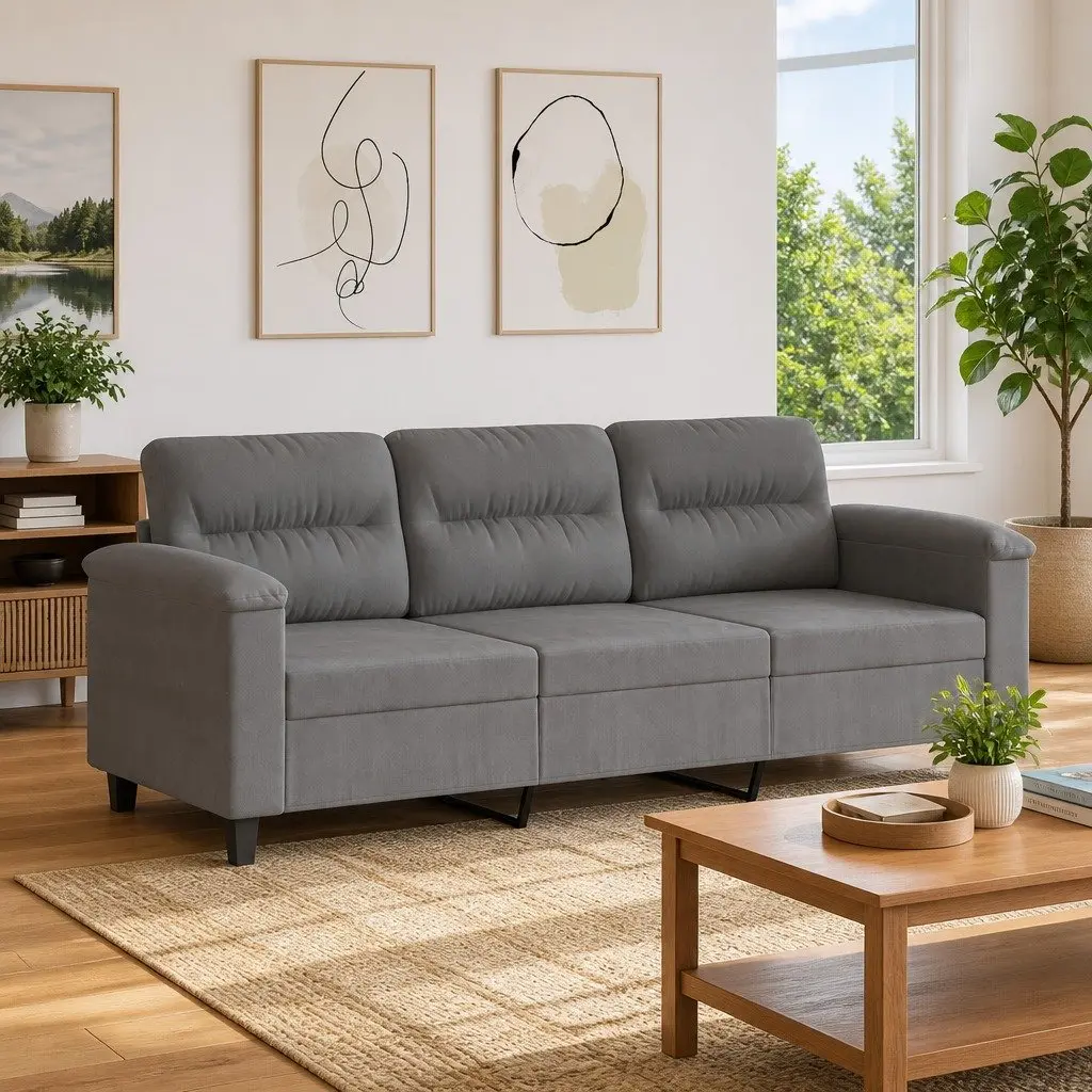 Grey Microfibre 3-Seater Sofa for Living Rooms