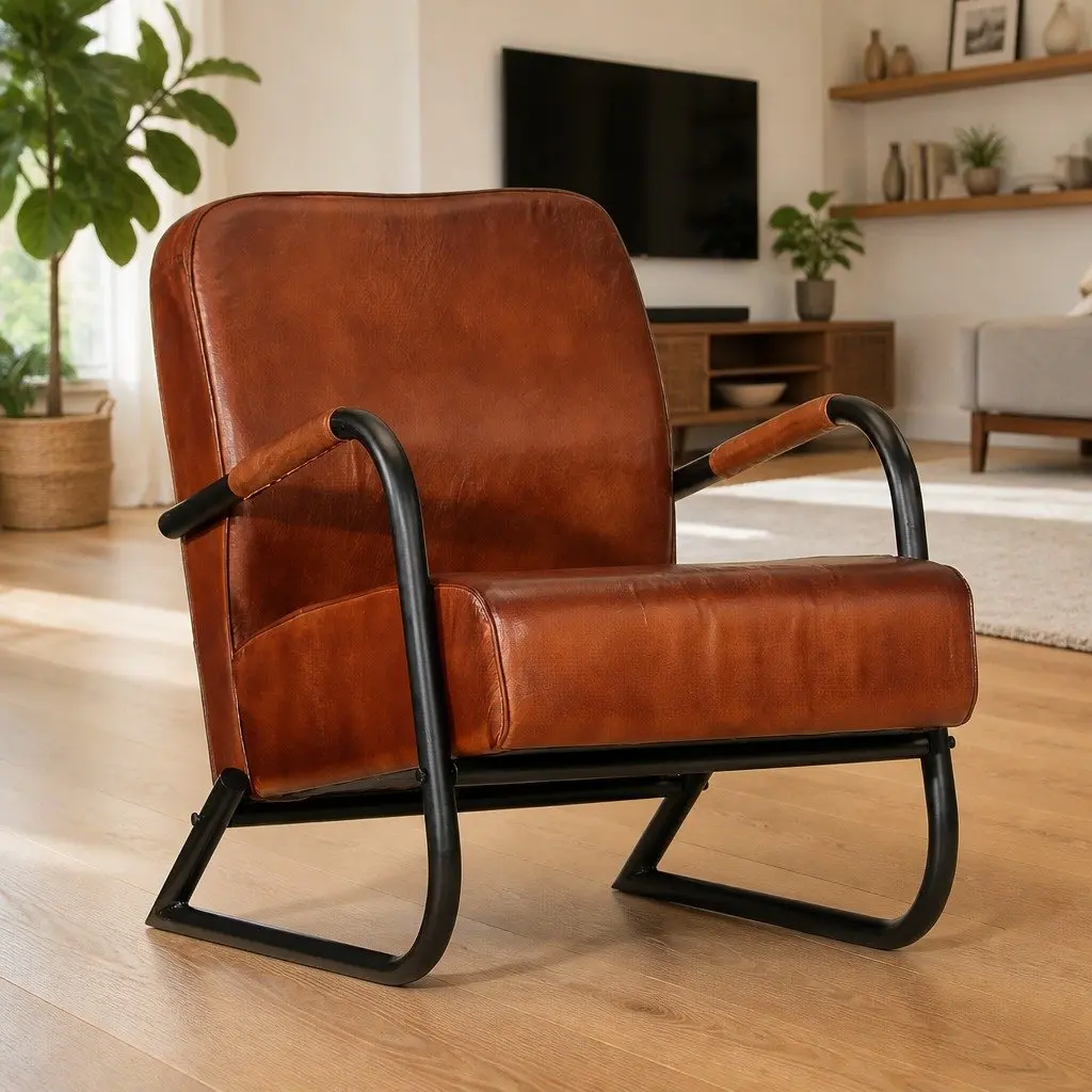 Armchair Real Leather Brown Iron Frame Single Sofa Chair