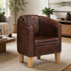 Brown Leather Tub Chair with Solid Wood Frame