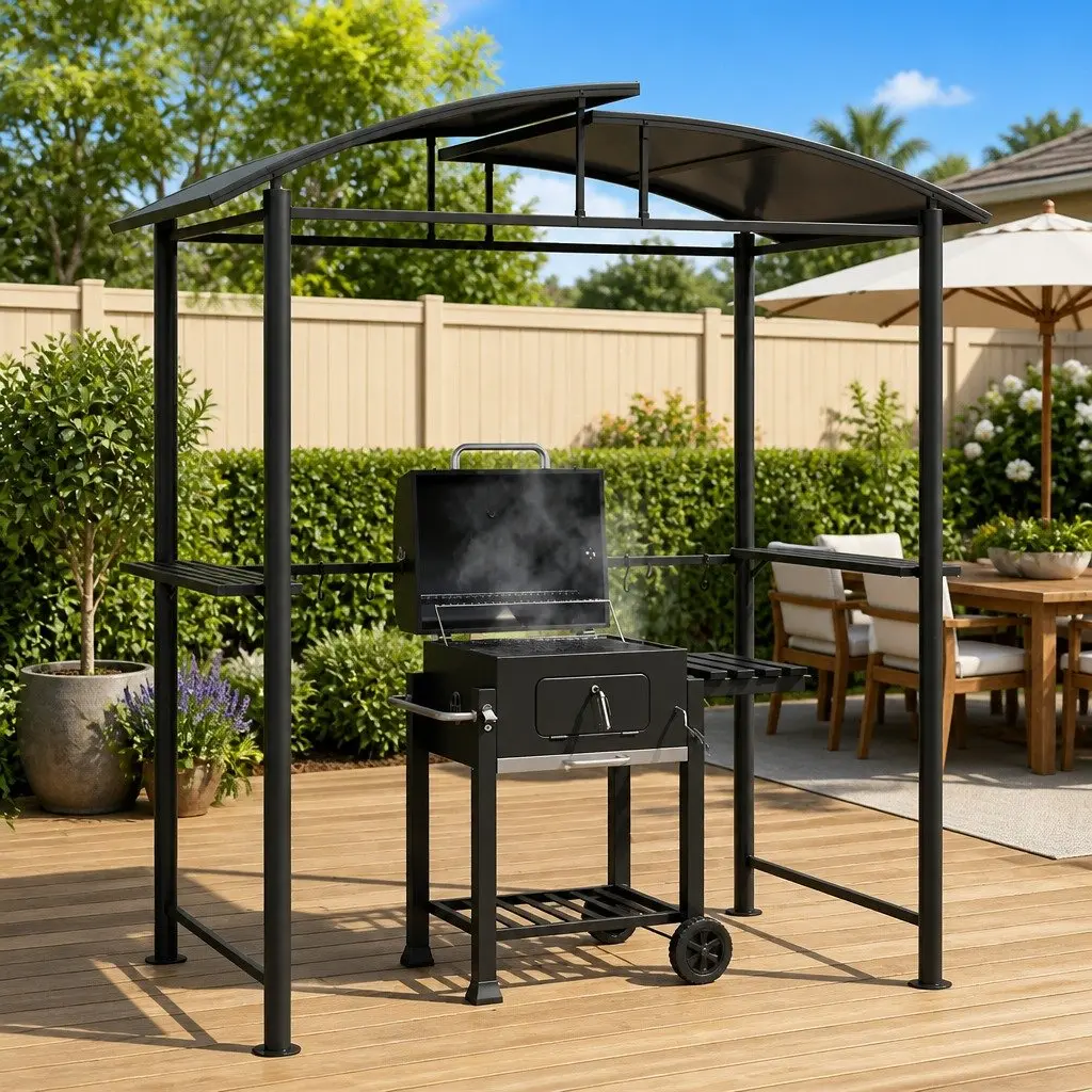BBQ Gazebo Steel Frame PC Board Roof 210x114x230cm Anthracite