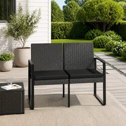 Durable 2-Seater Grey Rattan Garden Bench with Cushions