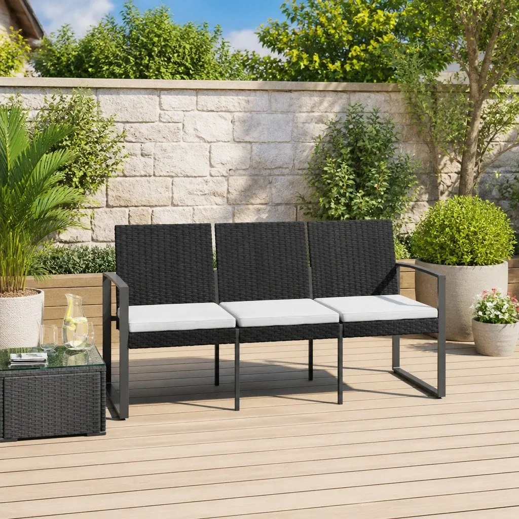 3-Seater Outdoor Bench with Cushions in Black