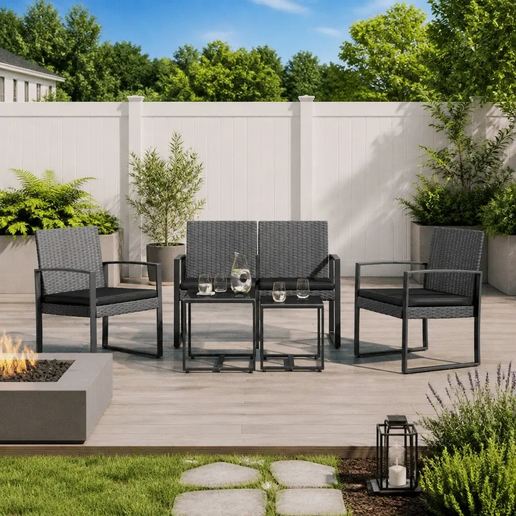 Garden Dining Set PP Rattan Steel 5 Piece Grey