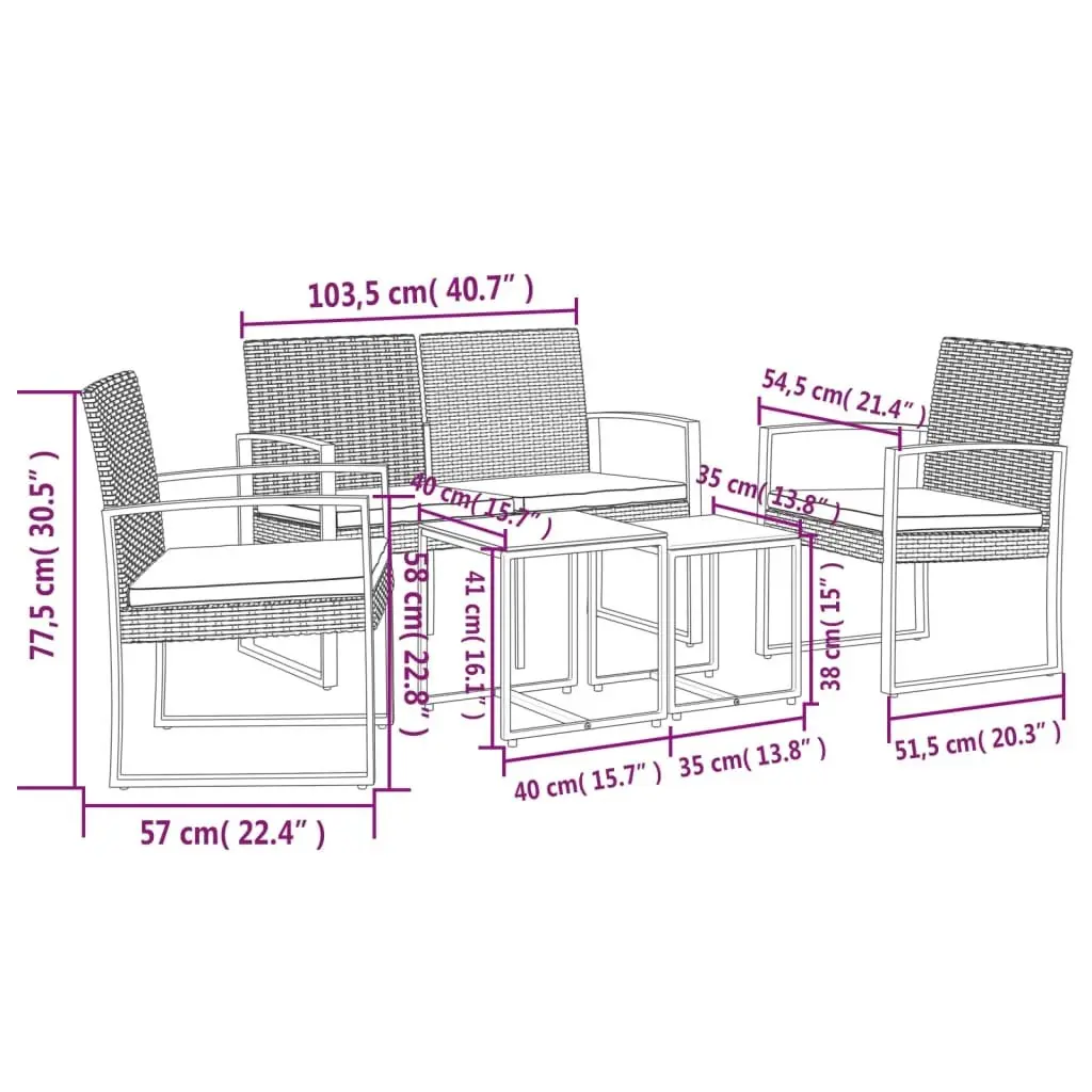 Garden Dining Set PP Rattan Steel 5 Piece Grey