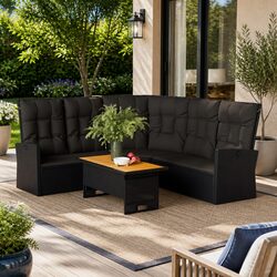 Black Poly Rattan Reclining Corner Sofa for Outdoor Use