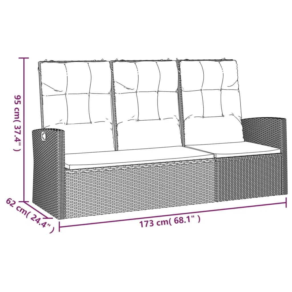 Black Reclining Garden Bench with Cushions 173cm