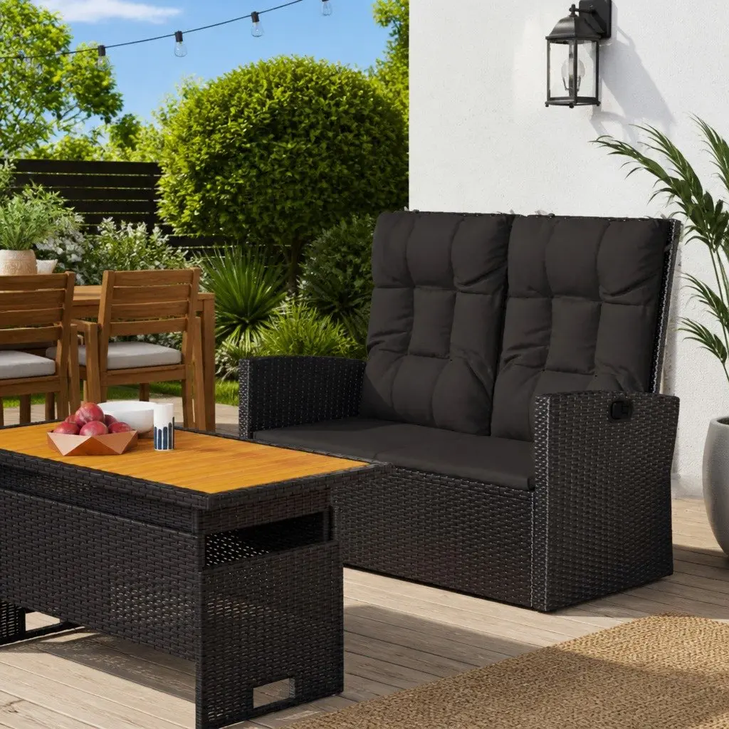 Reclining Garden Bench PE Rattan Steel Frame Adjustable Backrest Cushions Black