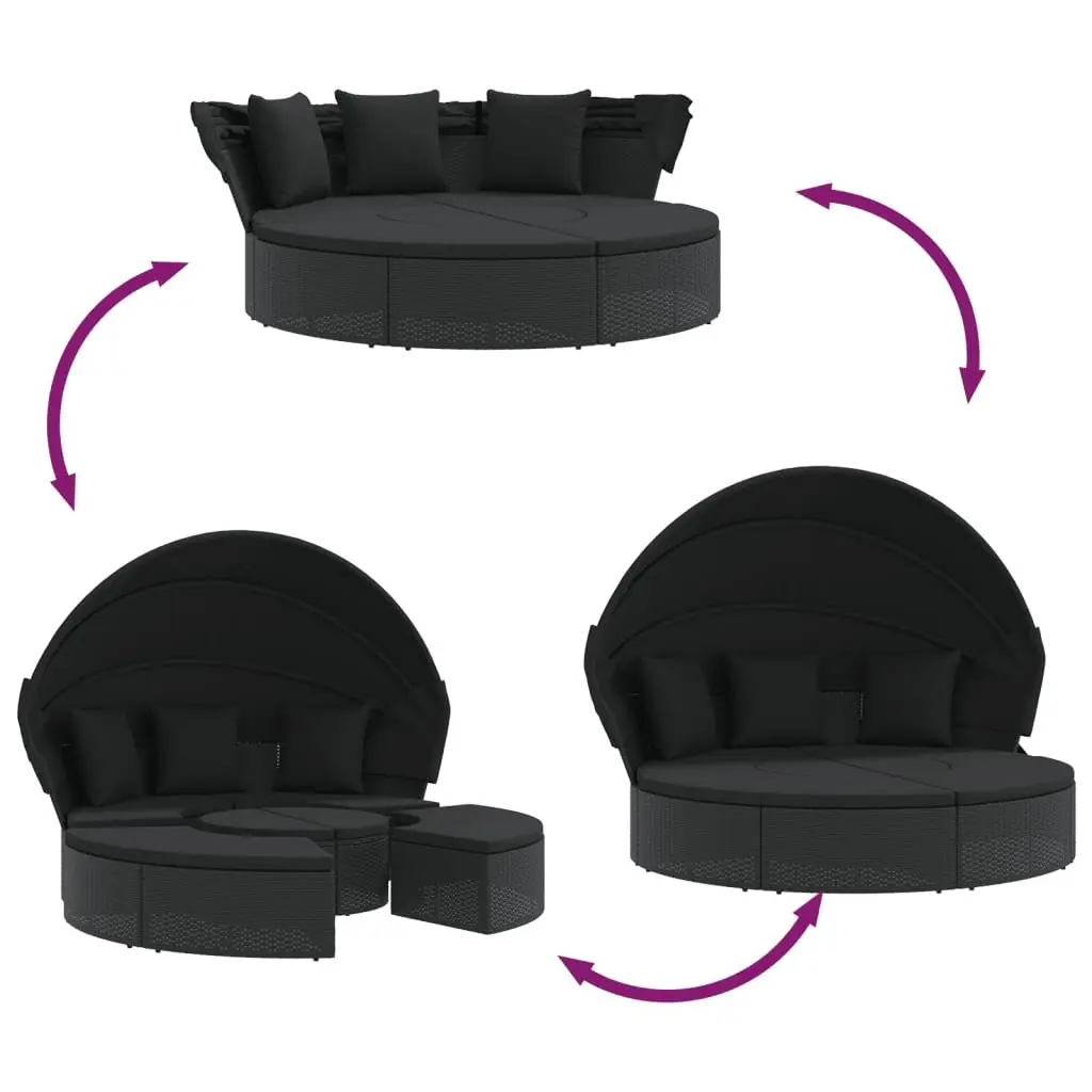 Outdoor Lounge Bed Poly Rattan Black with Canopy Cushions