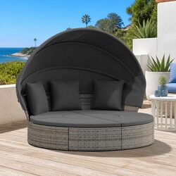 Durable Grey Poly Rattan Outdoor Lounge Bed with Canopy