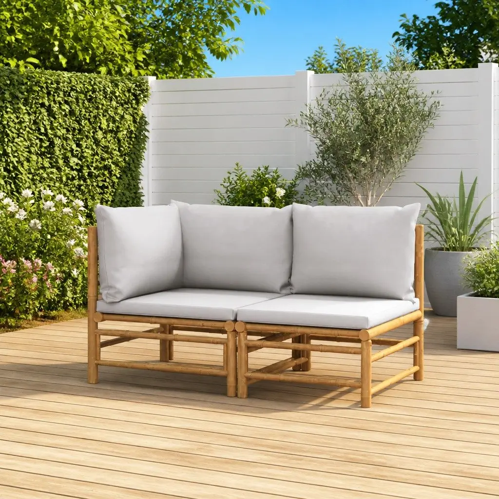 2 Piece Outdoor Garden Lounge Set Bamboo Sectional Sofa with Grey Cushions