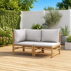 Bamboo Sectional Sofa with Grey Cushions – 2 Piece Set