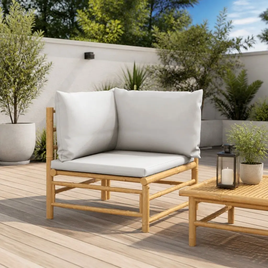 Corner Sofa Unit Bamboo Frame Grey Cushions