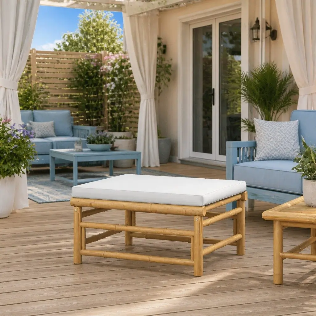 Bamboo Frame Garden Footstool with Grey Cushion Pad