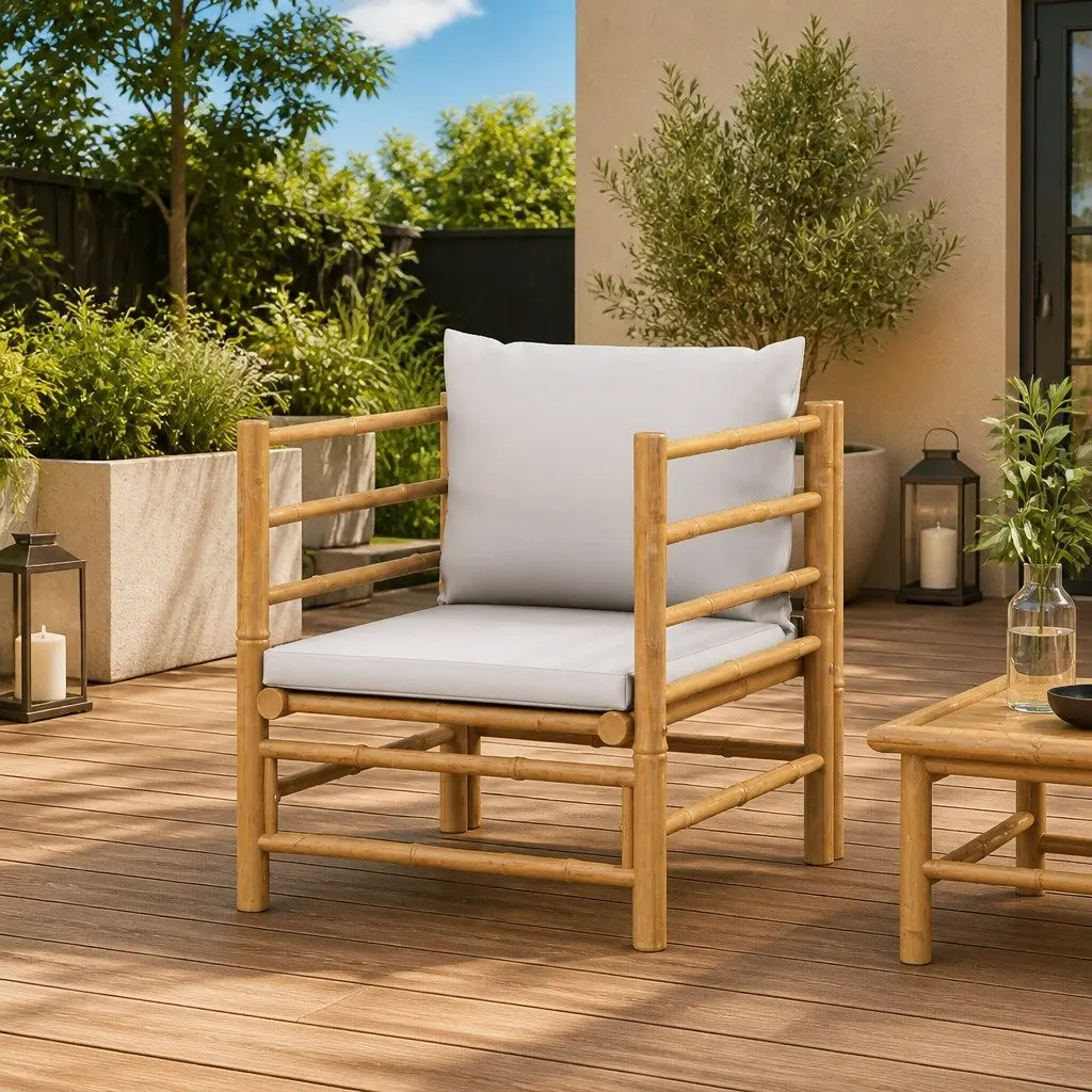 Bamboo Frame Modular Outdoor Sectional Sofa with Grey Cushions