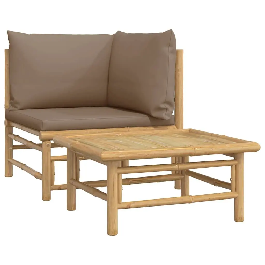 2 Piece Bamboo Garden Lounge Set Outdoor Sectional Sofa Taupe Cushions