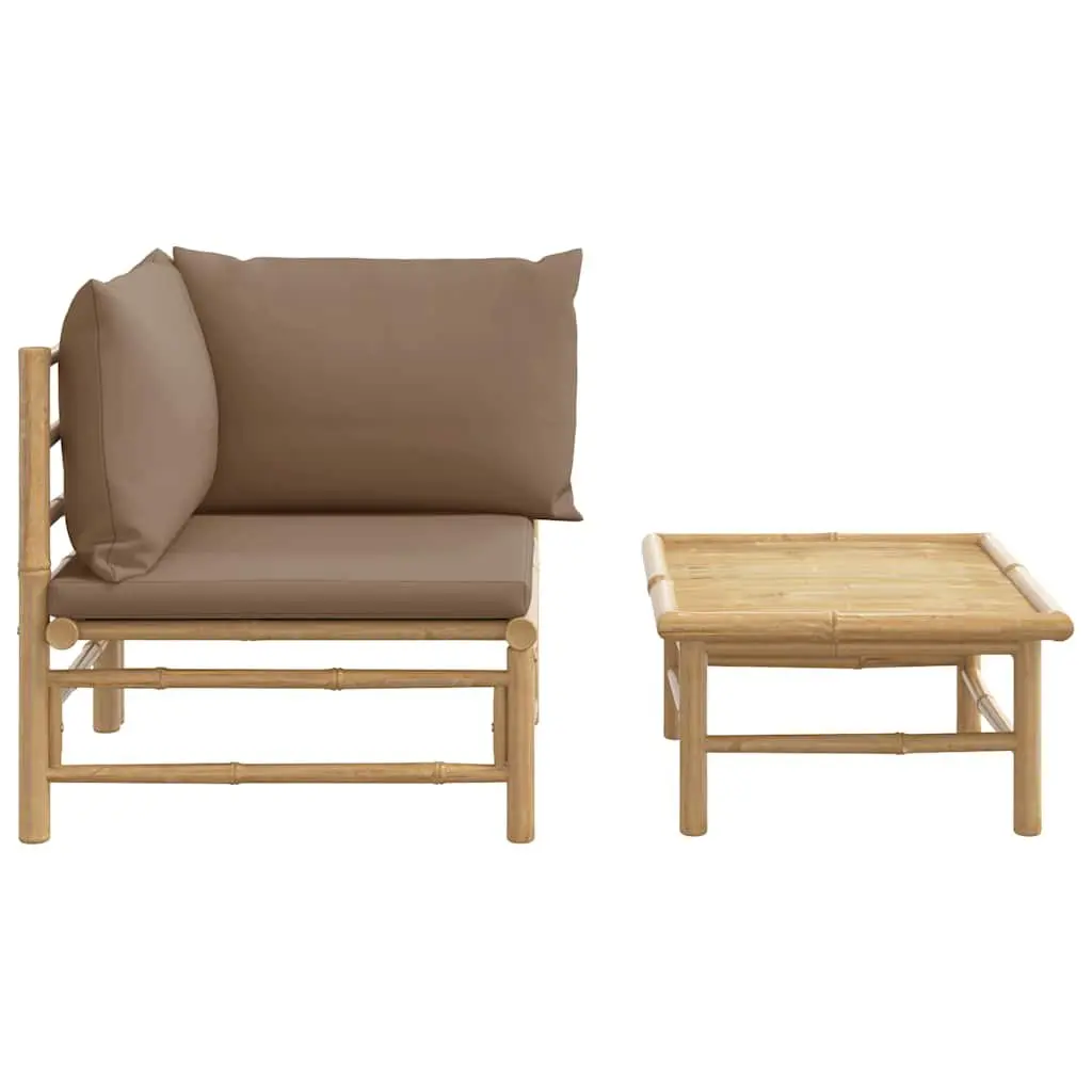 2 Piece Bamboo Garden Lounge Set Outdoor Sectional Sofa Taupe Cushions