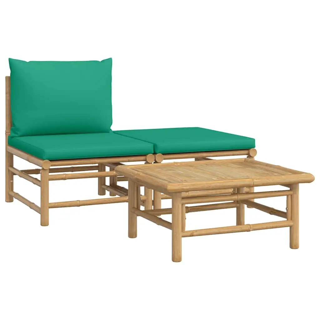 Outdoor Bamboo Lounge Set with Green Thick Cushions and Coffee Table 3 Piece Garden Sofa