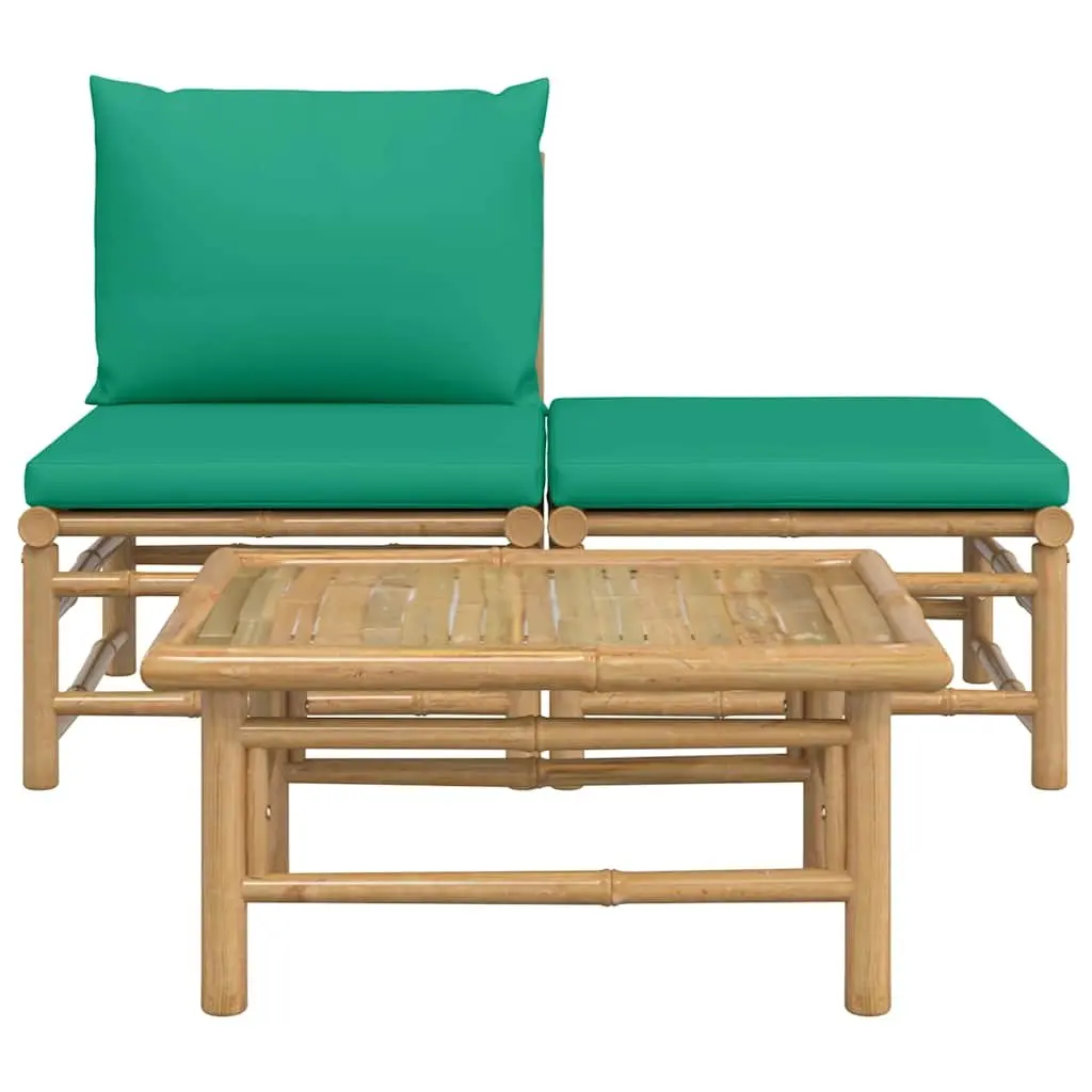 Outdoor Bamboo Lounge Set with Green Thick Cushions and Coffee Table 3 Piece Garden Sofa
