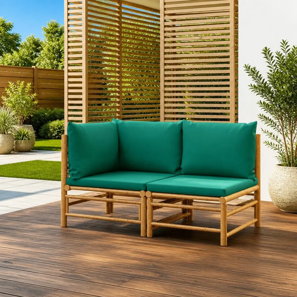 2 Piece Bamboo Lounge Set Outdoor Sectional Sofa with Green Cushions