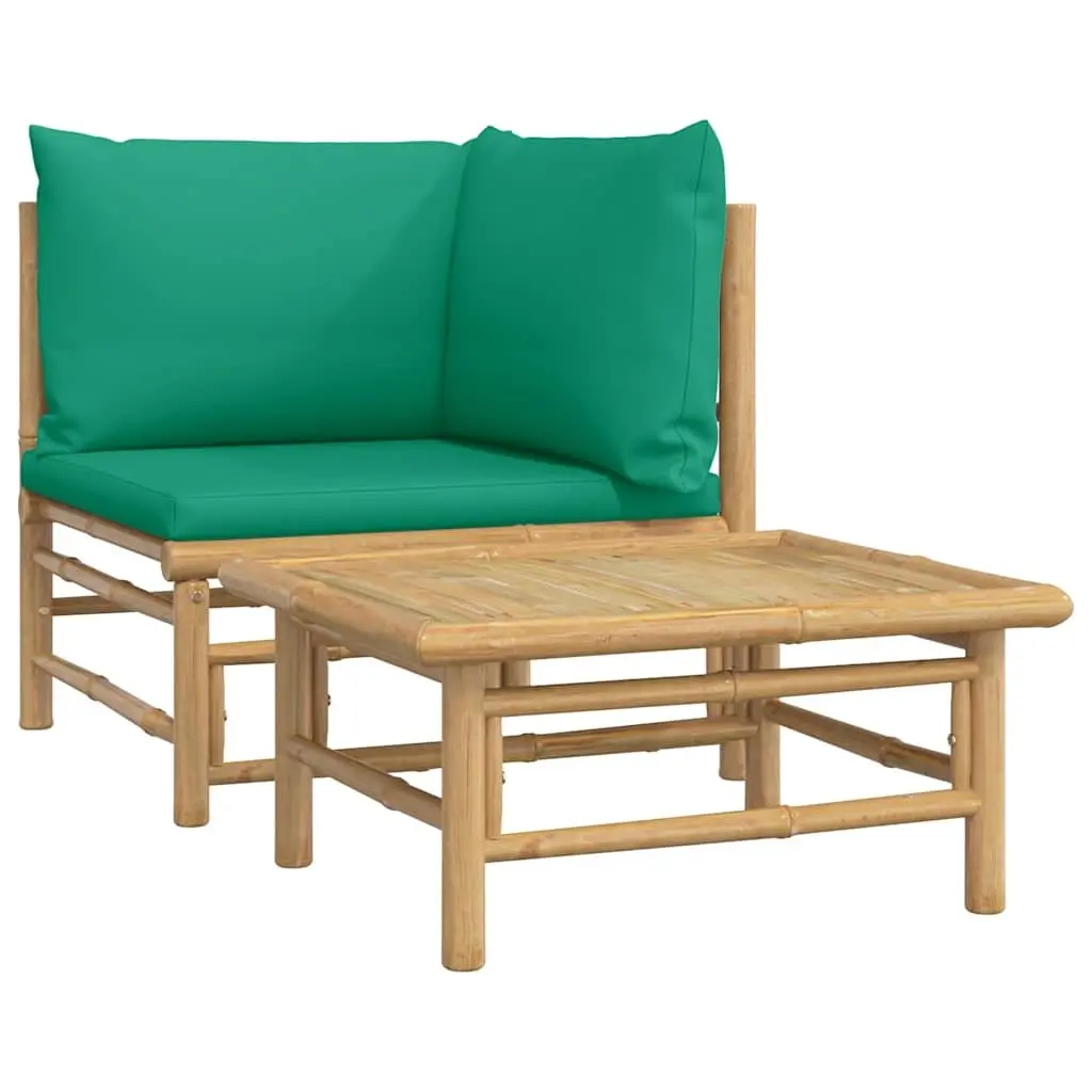Outdoor Lounge Set Bamboo Frame 2 Piece Modular Garden Seating Green Cushions