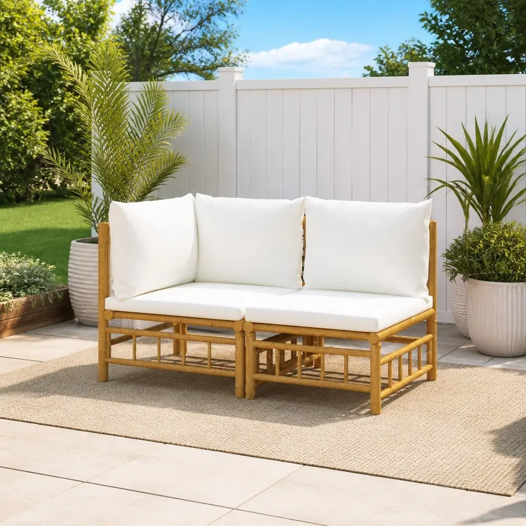 Bamboo Outdoor Lounge Set with White Cushions