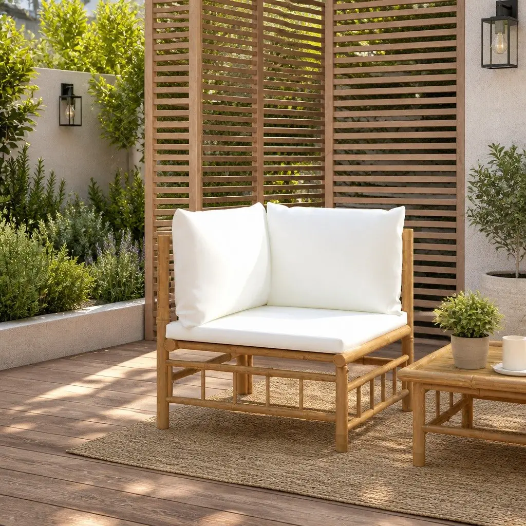 Outdoor Sofa Sectional Bamboo White with Cushions and Backrest