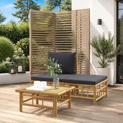 3-Piece Outdoor Bamboo Sofa Lounge Set with Grey Cushions