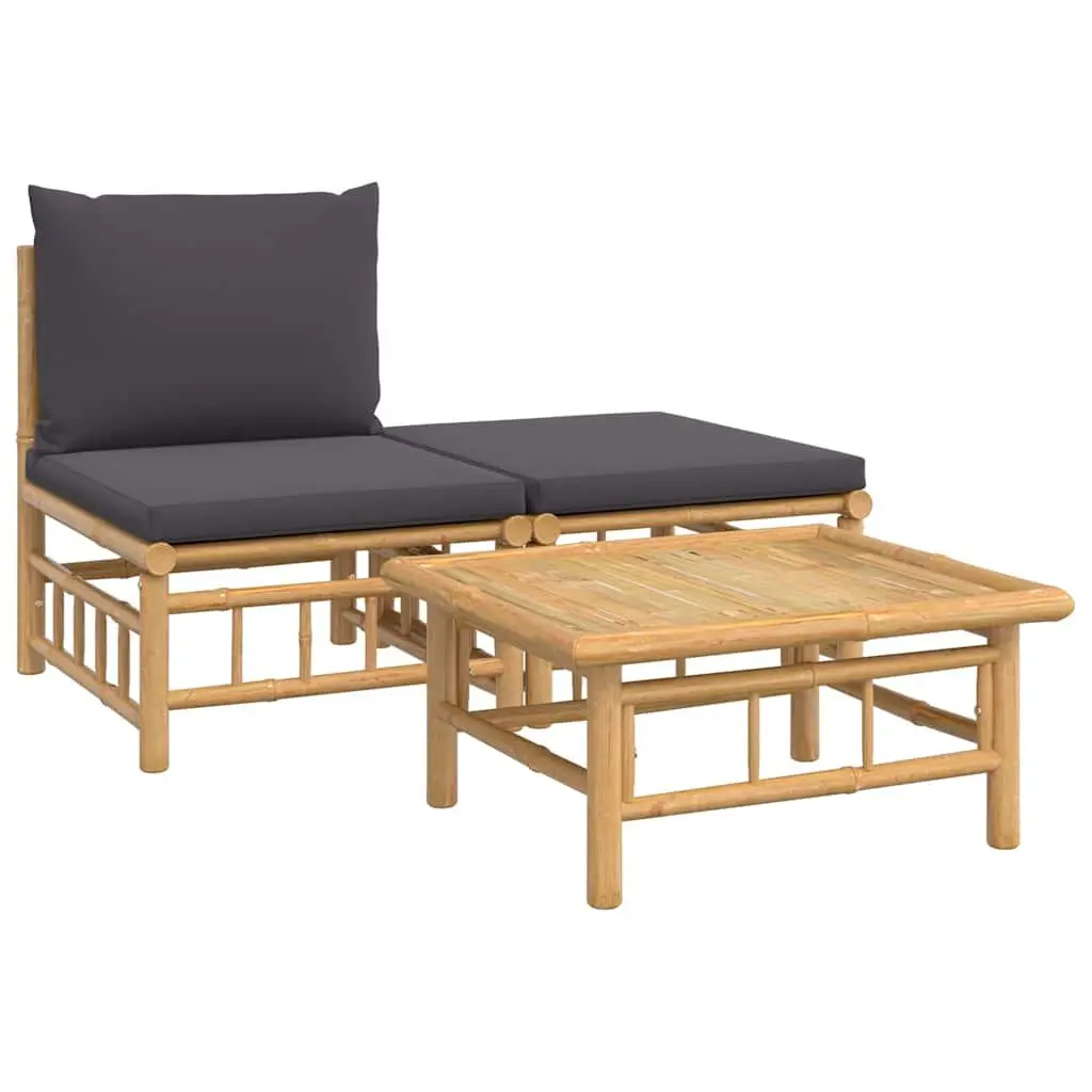 Outdoor Lounge Set Bamboo 3 Piece Modular Garden Furniture Grey Cushions